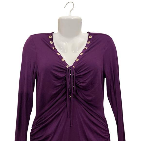 Venus Women's Purple V-Neck Grommet Detail Long Sleeve Ruched W/ Tie Shirt SZ M - Picture 5 of 7